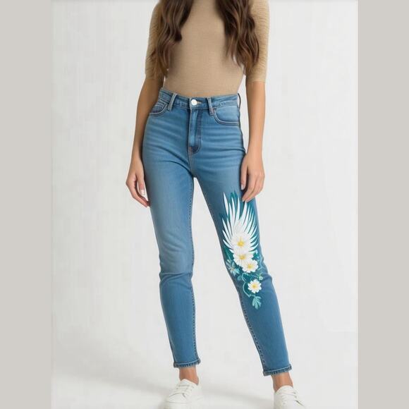 Venus Heart Floral Embroidered Jeans Women’s Size 6 Light Wash Y2K Boho Denim - Picture 1 of 5